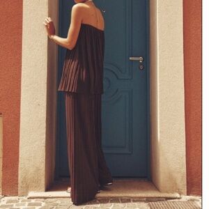 Zara Pleated Wide Leg Tulle Pants and Top- Brown